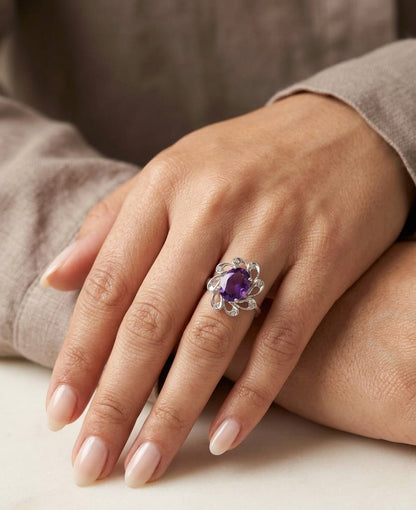Amethyst and Diamond Statement Ring in 18K White Gold