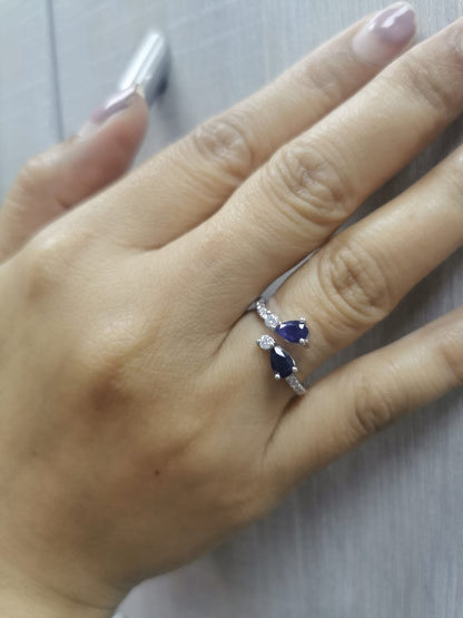 18K White Gold Toi et Moi Sapphire & Diamond Bypass Ring. Pear-Cut Blue Sapphires & Diamonds.