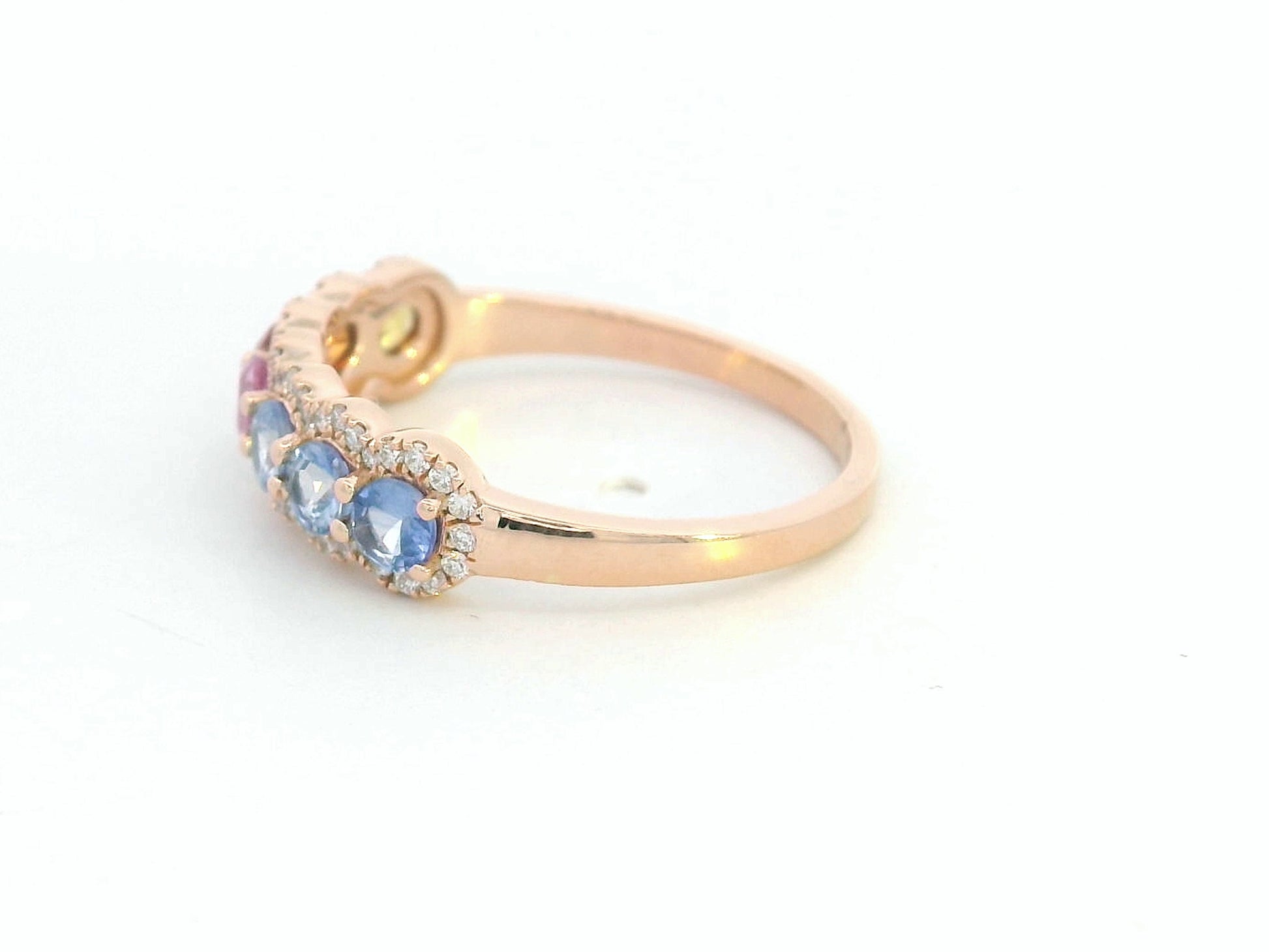 Stackable rainbow gemstone ring with round sapphires