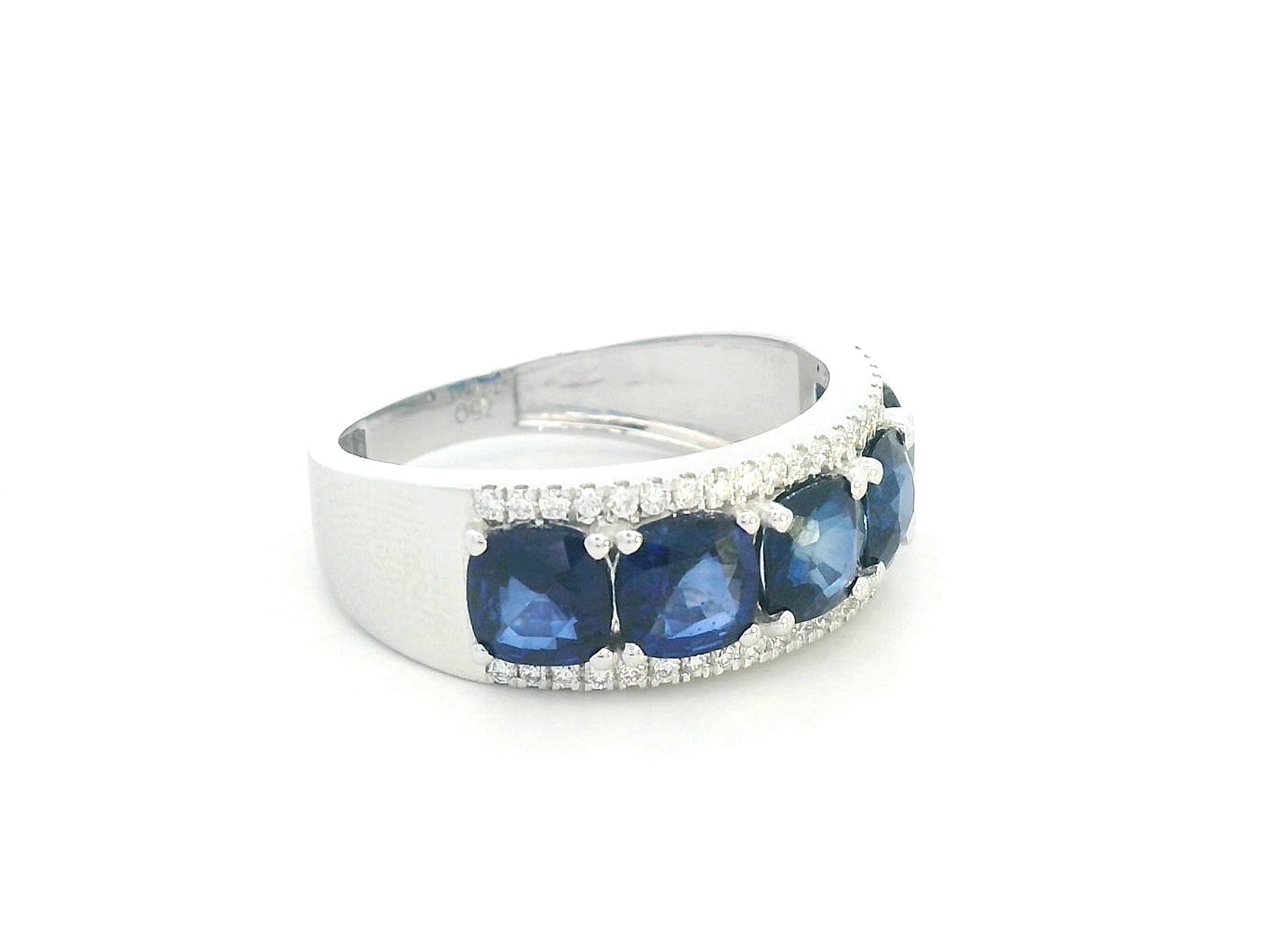 Five-Stone Sapphire Ring Framed by Diamonds in White Gold