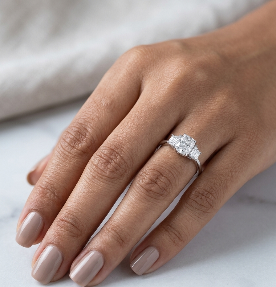 18K white gold radiant cut diamond engagement ring with a 1.51 carat HRD certified centre diamond and trapezoid side diamonds.