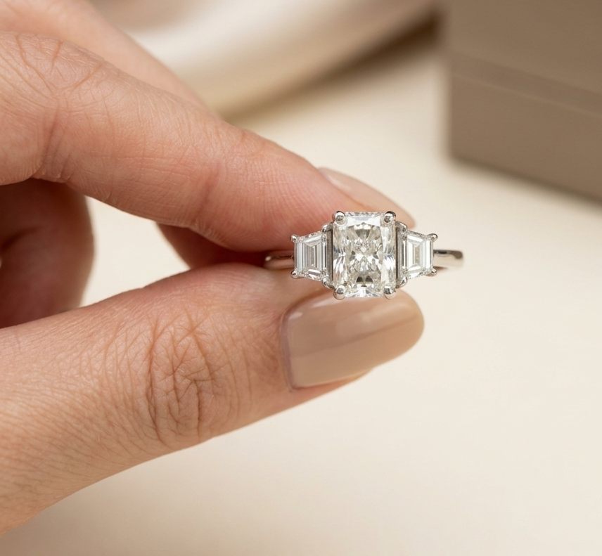 18K white gold radiant cut diamond engagement ring with a 1.51 carat HRD certified centre diamond and trapezoid side diamonds.