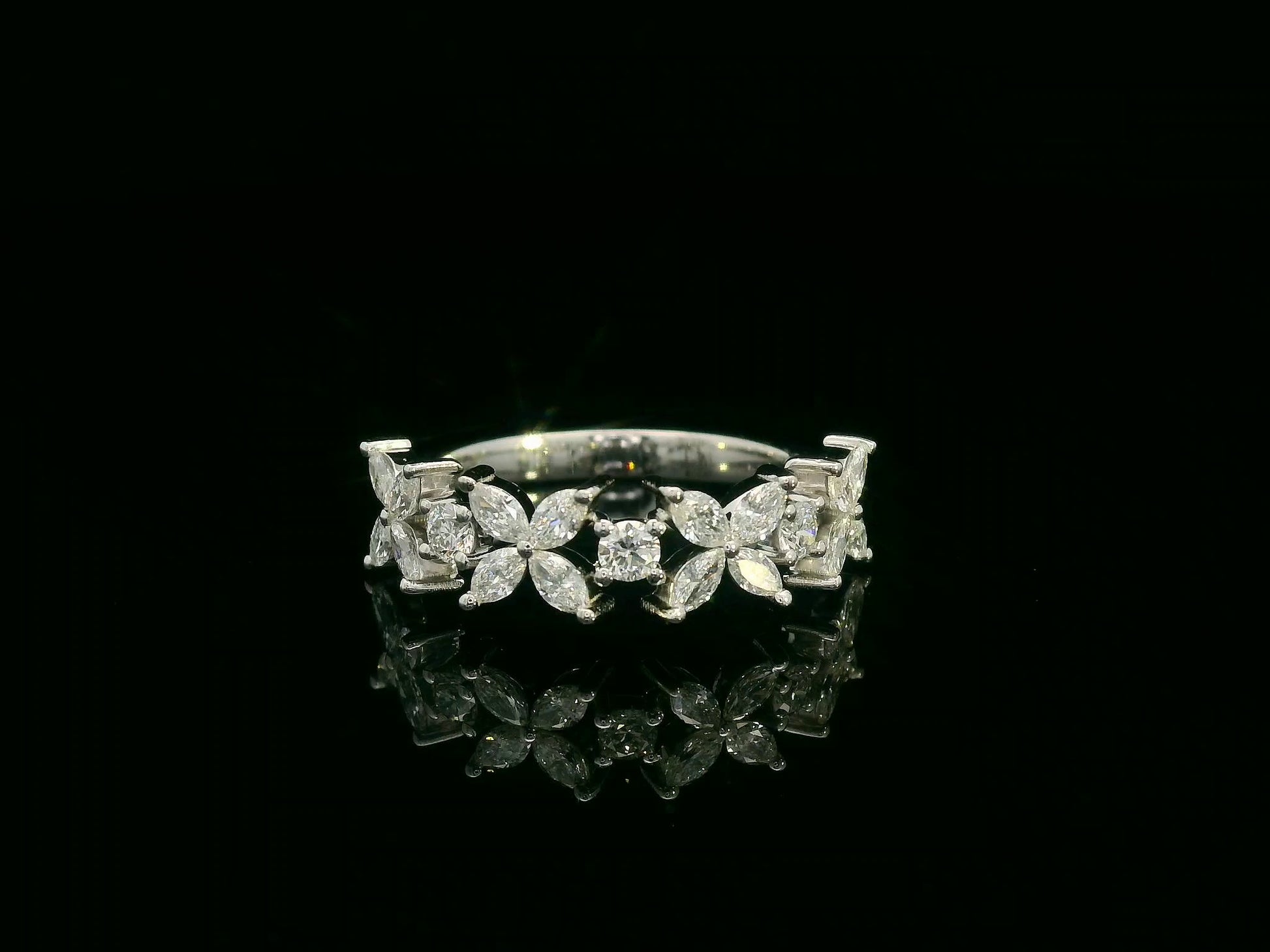 18K White Gold Floral Diamond Band Ring with 0.78 Carats of Marquise and Round Diamonds