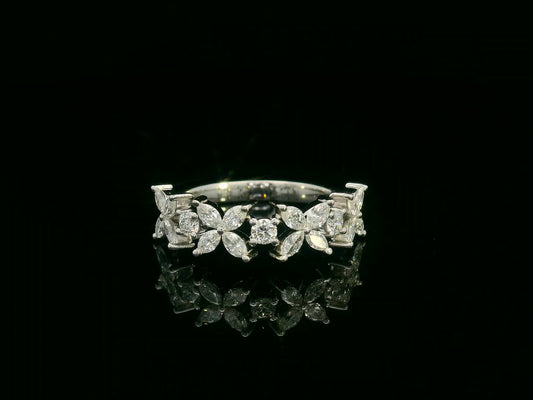 18K White Gold Floral Diamond Band Ring with 0.78 Carats of Marquise and Round Diamonds