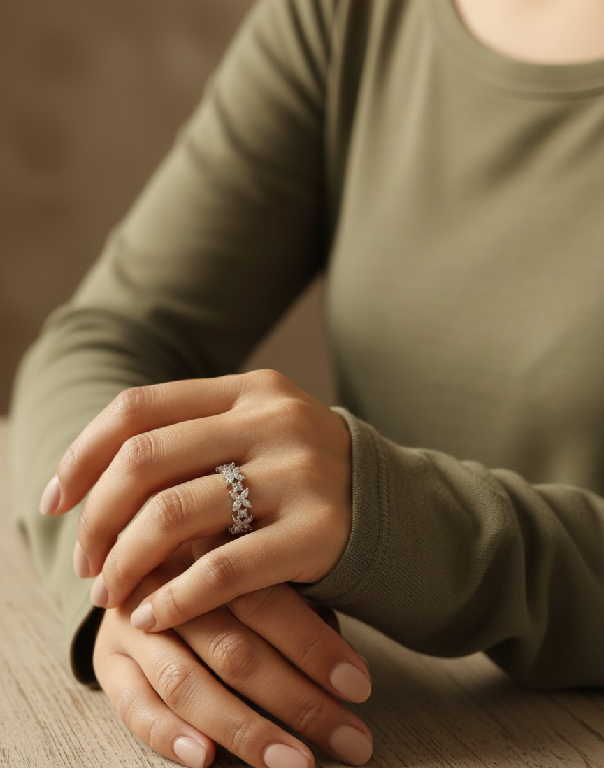 18K white gold floral diamond ring with marquise and round cut diamonds – 0.78ct by Emirates Diamonds