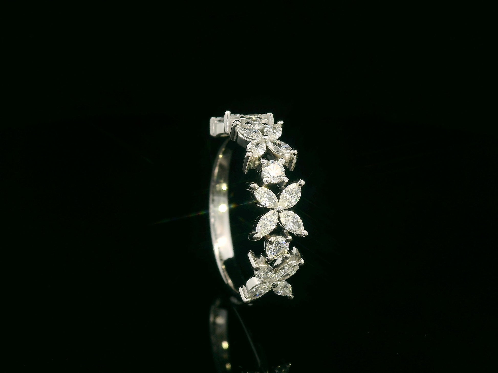 18K White Gold Floral Diamond Band Ring with 0.78 Carats of Marquise and Round Diamonds