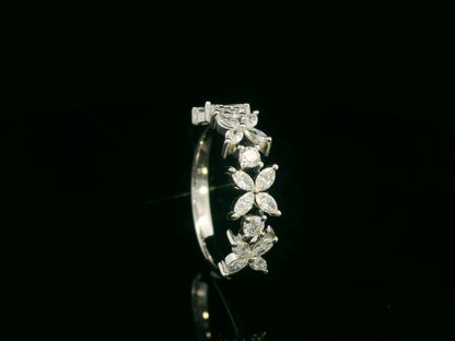 18K White Gold Floral Diamond Band Ring with 0.78 Carats of Marquise and Round Diamonds