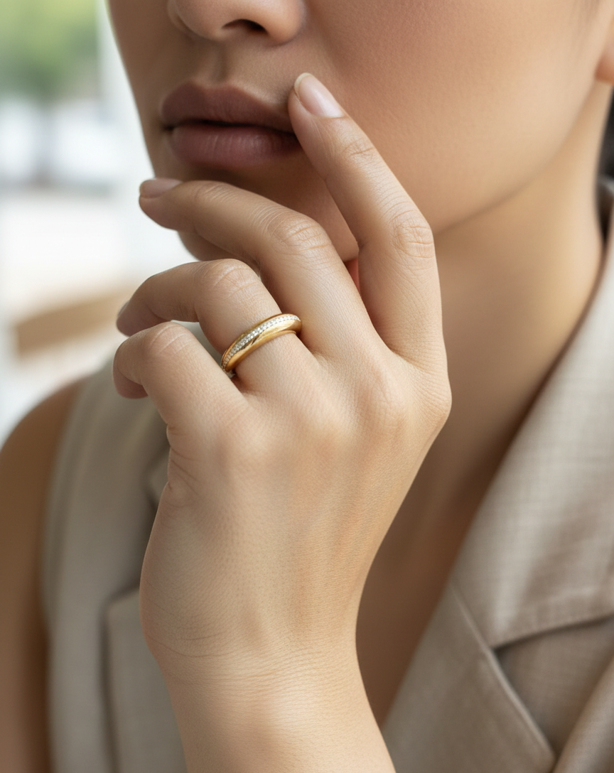 18K Yellow Gold Modern Domed Half-Eternity Diamond Wedding Band