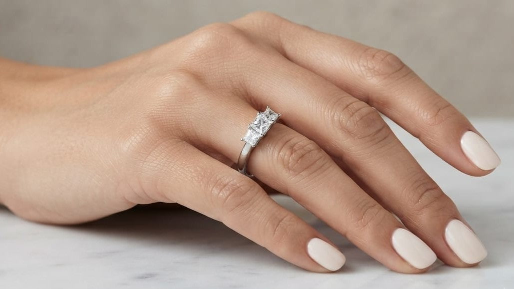 18K white gold three stone princess cut diamond ring featuring 0.66 carat natural princess cut diamonds in a classic trilogy setting.