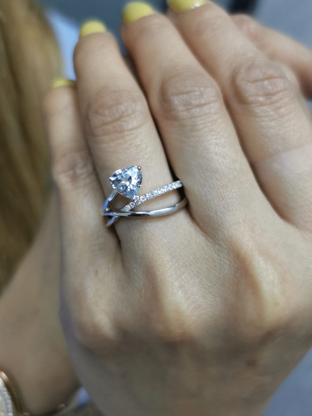 Heart-Shaped Aquamarine and Diamond Bypass Ring in 18K Gold