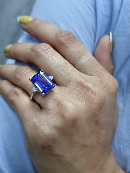 8.04 Carat Emerald-Cut Tanzanite Ring with Diamond Accents in 18K Gold