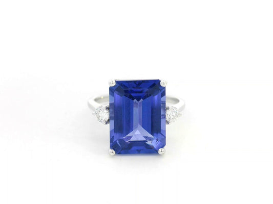 8.04 Carat Emerald-Cut Tanzanite Ring with Diamond Accents in 18K Gold