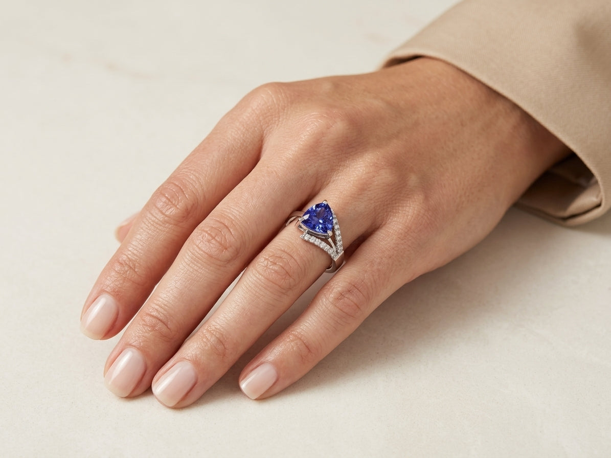 Trillion Cut Tanzanite and Diamond Ring in 18K White Gold
