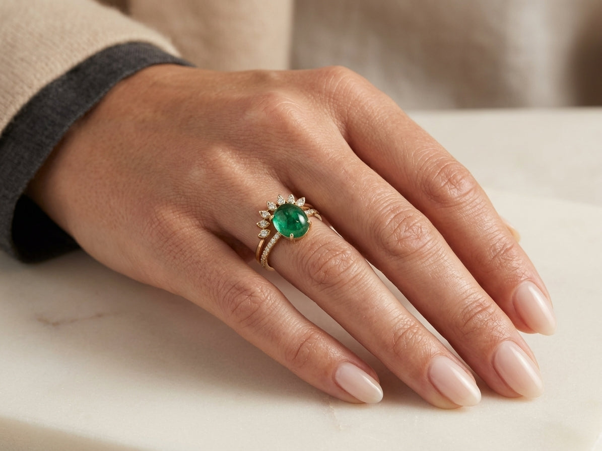 Emerald and Diamond Bridal Set – Engagement Ring & Wedding Band in 18K Yellow Gold