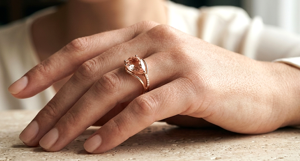 18K rose gold pear cut Morganite ring with diamond accents and modern open-frame design.