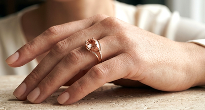 18K rose gold pear cut Morganite ring with diamond accents and modern open-frame design.