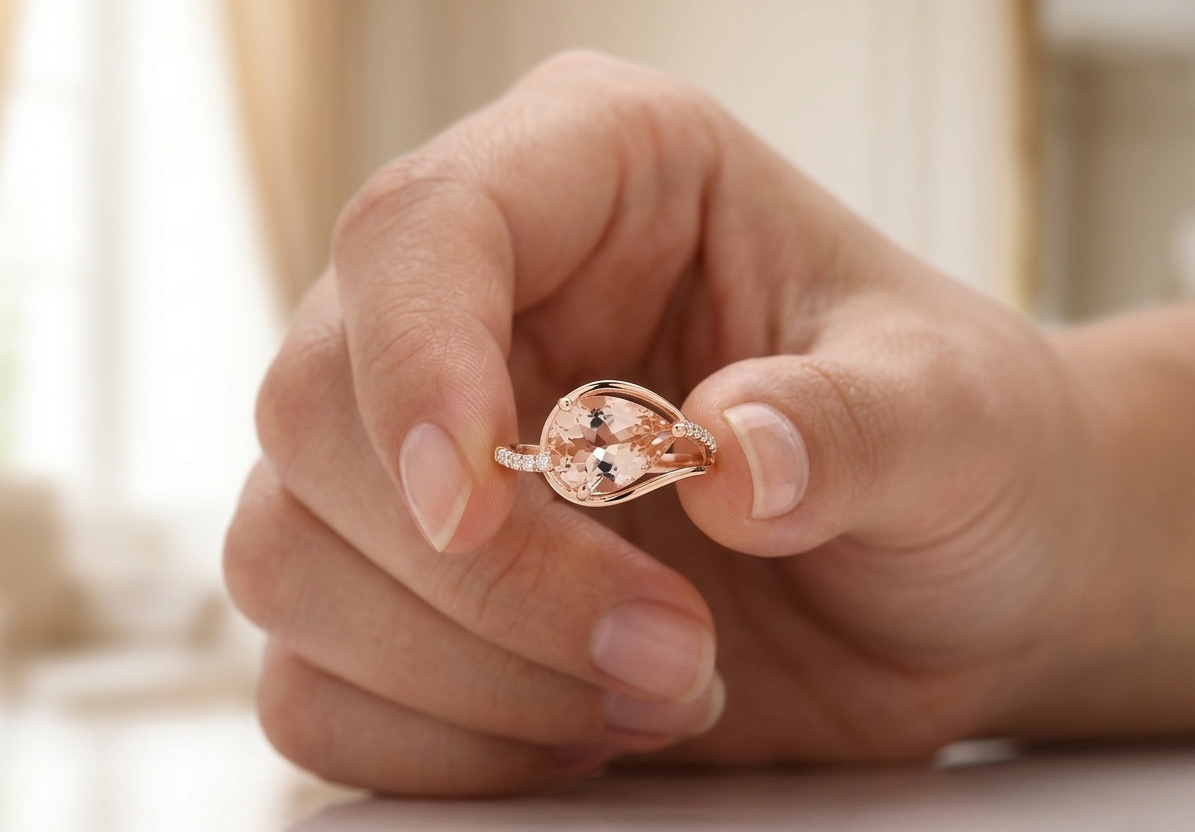 18K rose gold pear cut Morganite ring with diamond accents and modern open-frame design.