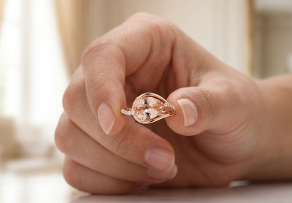 18K rose gold pear cut Morganite ring with diamond accents and modern open-frame design.