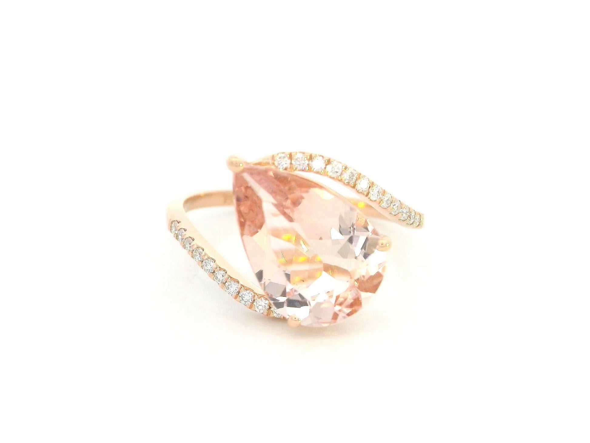 Front view of 18k rose gold ring with 2.43 ct pear-cut morganite and 0.12 ct diamond pavé band