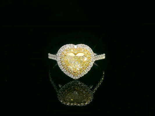 1.04ct Heart-Shaped Fancy Yellow Diamond Engagement Ring in 18k White Gold with 0.46ct Double Halo Diamond Accents, IGI Certified