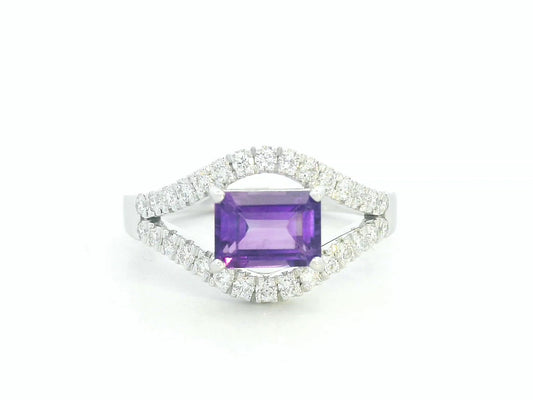18k white gold ring with 1.02ct emerald-cut amethyst & 0.41ct diamonds on split-shank band – certificate included