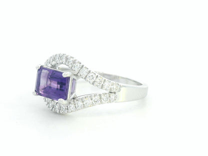 18k white gold ring with 1.02ct emerald-cut amethyst & 0.41ct diamonds on split-shank band – certificate included
