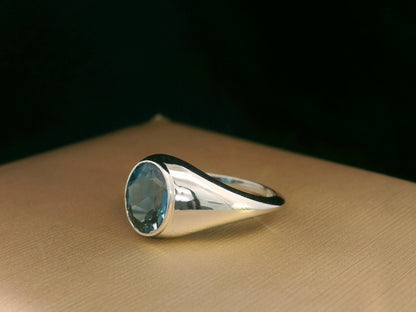 18k white gold ring with 2.13ct oval London Blue Topaz in modern bezel setting – certificate included