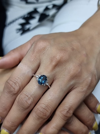 18k White Gold Oval Shape London Blue Topaz & Diamond Floral Ring