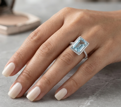 18K white gold aquamarine halo ring featuring a 7.66 carat emerald cut natural aquamarine surrounded by 0.64 carat round brilliant diamonds with a diamond-set band.