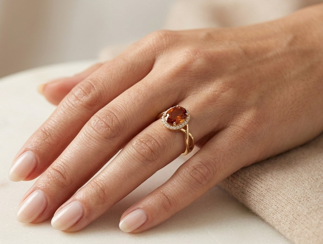 Citrine and Diamond Halo Ring in 18K Yellow Gold
