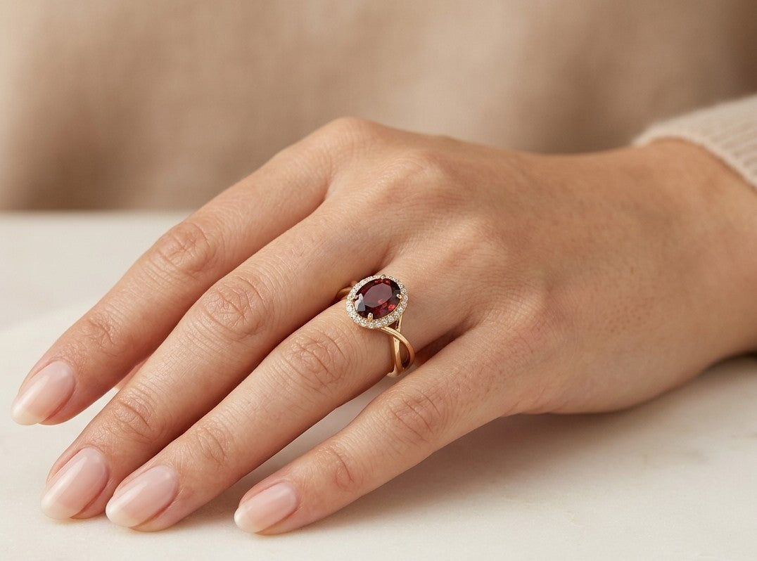 Garnet and Diamond Halo Ring in 18K Yellow Gold