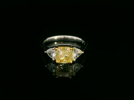 1.51ct Cushion Cut Fancy Yellow Diamond Ring 18K White Gold Trillion Diamond Accent IGI Certified