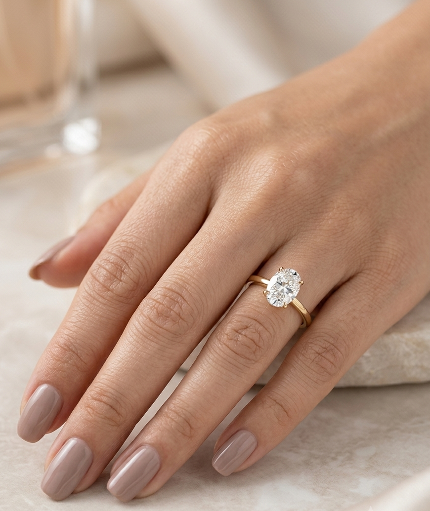 18K yellow gold solitaire engagement ring featuring a 1.01 carat IGI certified natural oval diamond in a classic four-prong setting.