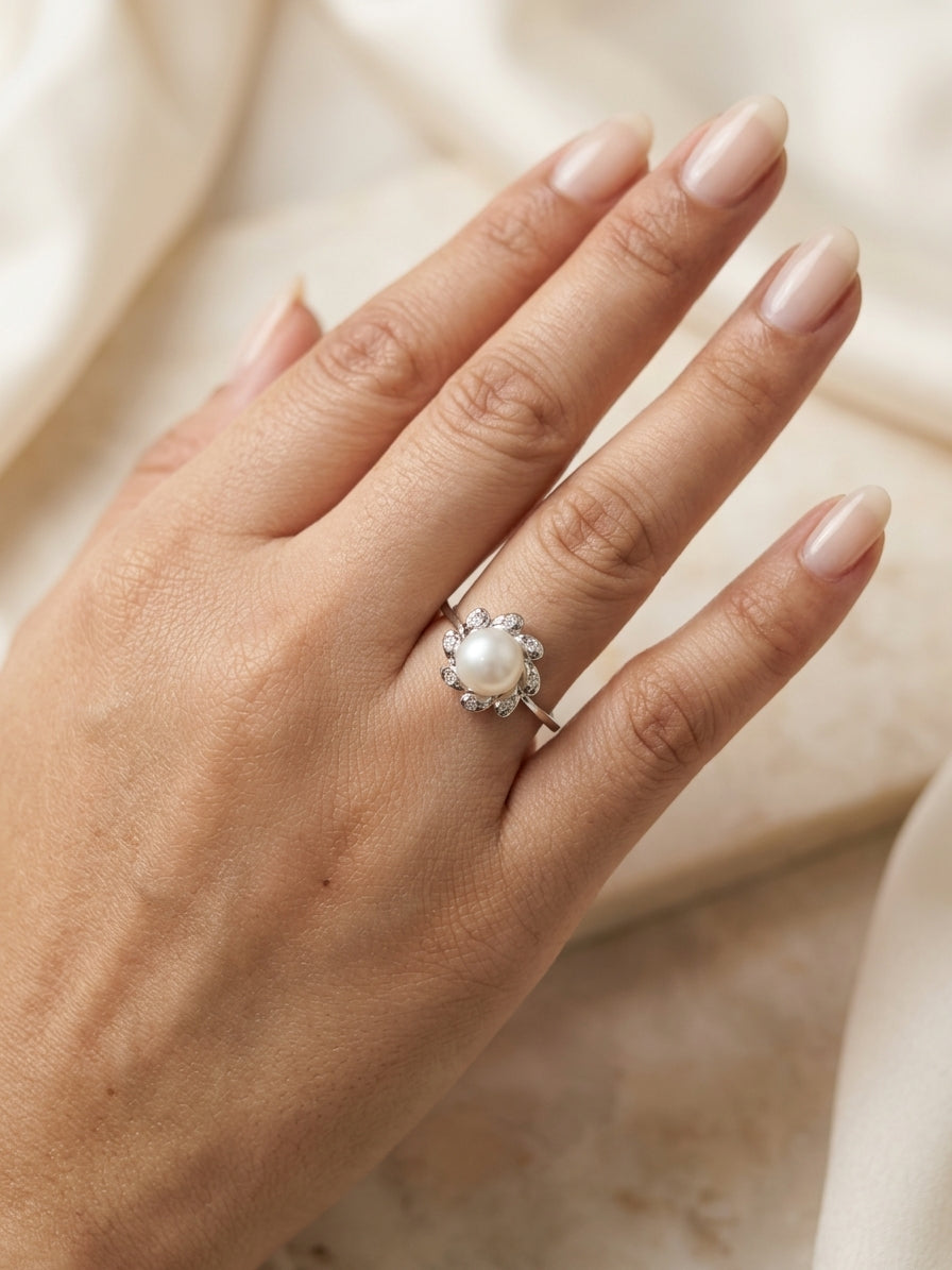 Freshwater White Pearl and Diamond Floral Ring 18K White Gold