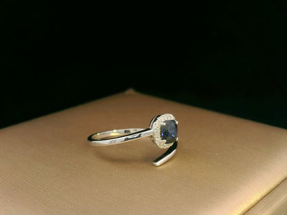 18K White Gold Blue Sapphire and Diamond Halo Bypass Ring – 0.59ct Sapphire