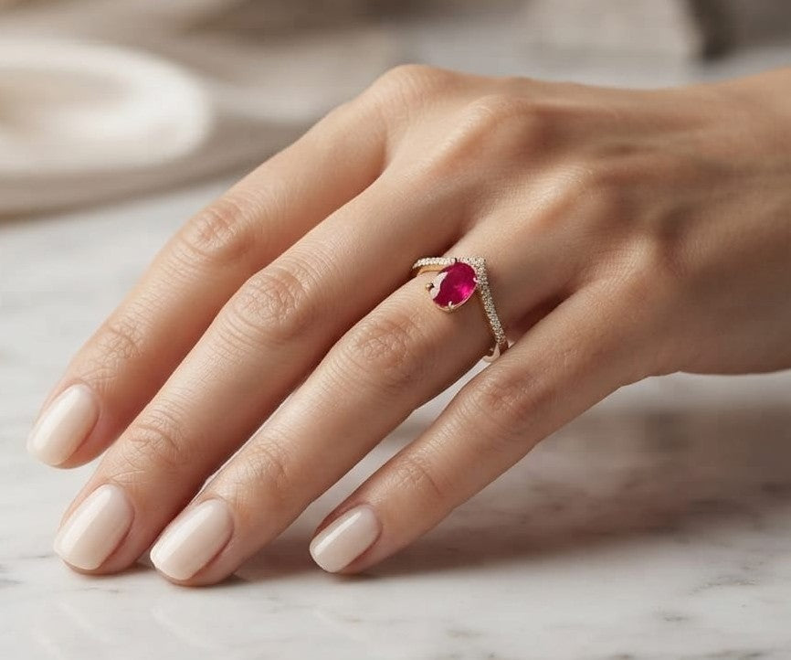18K Yellow Gold Oval Ruby Wishbone Ring with 1.72 Carat Natural Ruby and Diamond Band