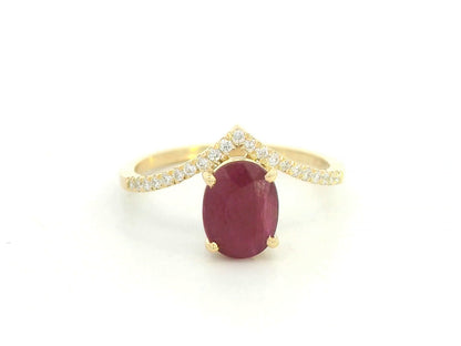 18K Yellow Gold Oval Ruby and Diamond Wishbone Ring