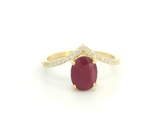 18K Yellow Gold Oval Ruby and Diamond Wishbone Ring