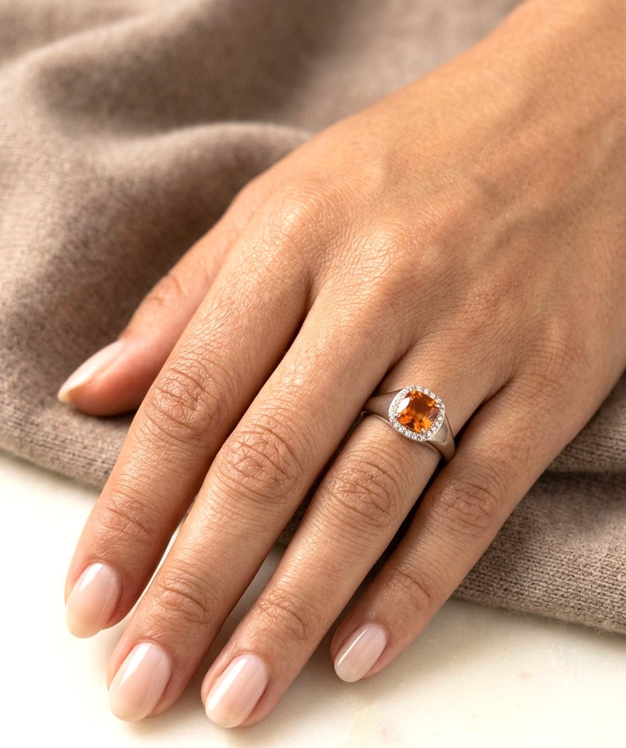 18K white gold cushion citrine halo ring with natural diamond surround and polished tapered band
