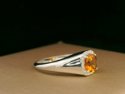 18K White Gold Cushion-Cut Citrine and Diamond Halo Ring