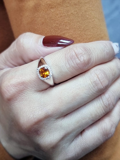 18K White Gold Cushion-Cut Citrine and Diamond Halo Ring