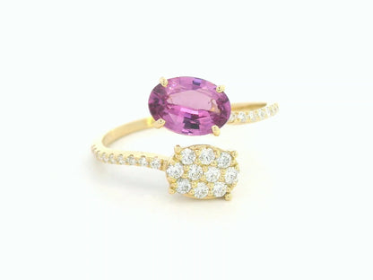 18K yellow gold oval rhodolite garnet bypass ring with pavé diamond accents, modern luxury design