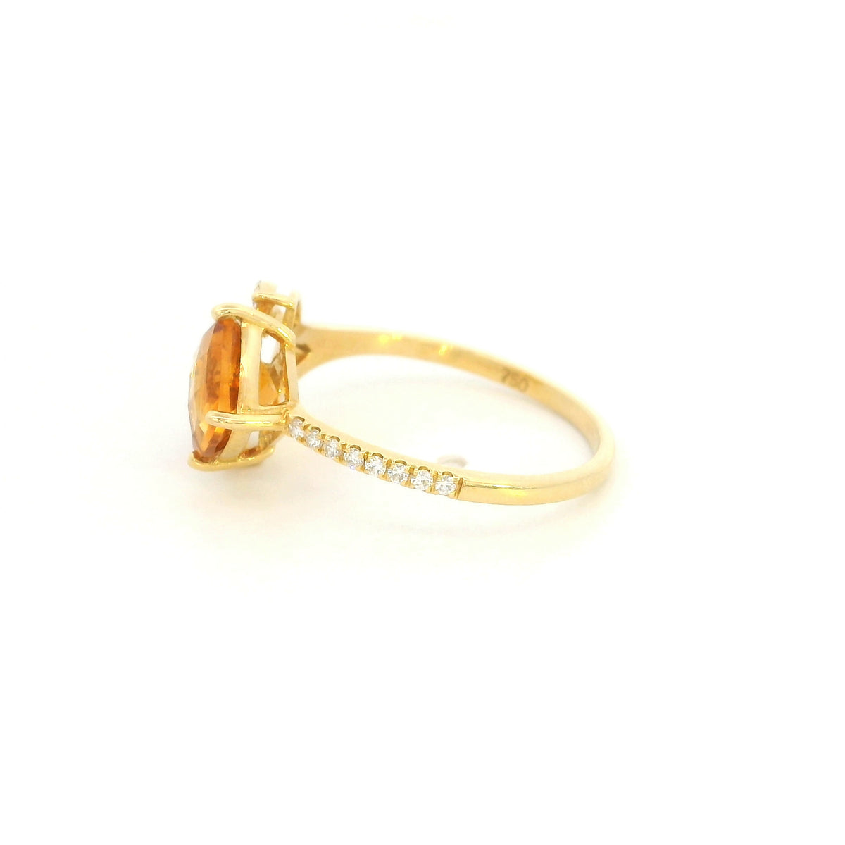 18K yellow gold cushion citrine diamond ring with leaf-inspired diamond accents and open split shoulder design