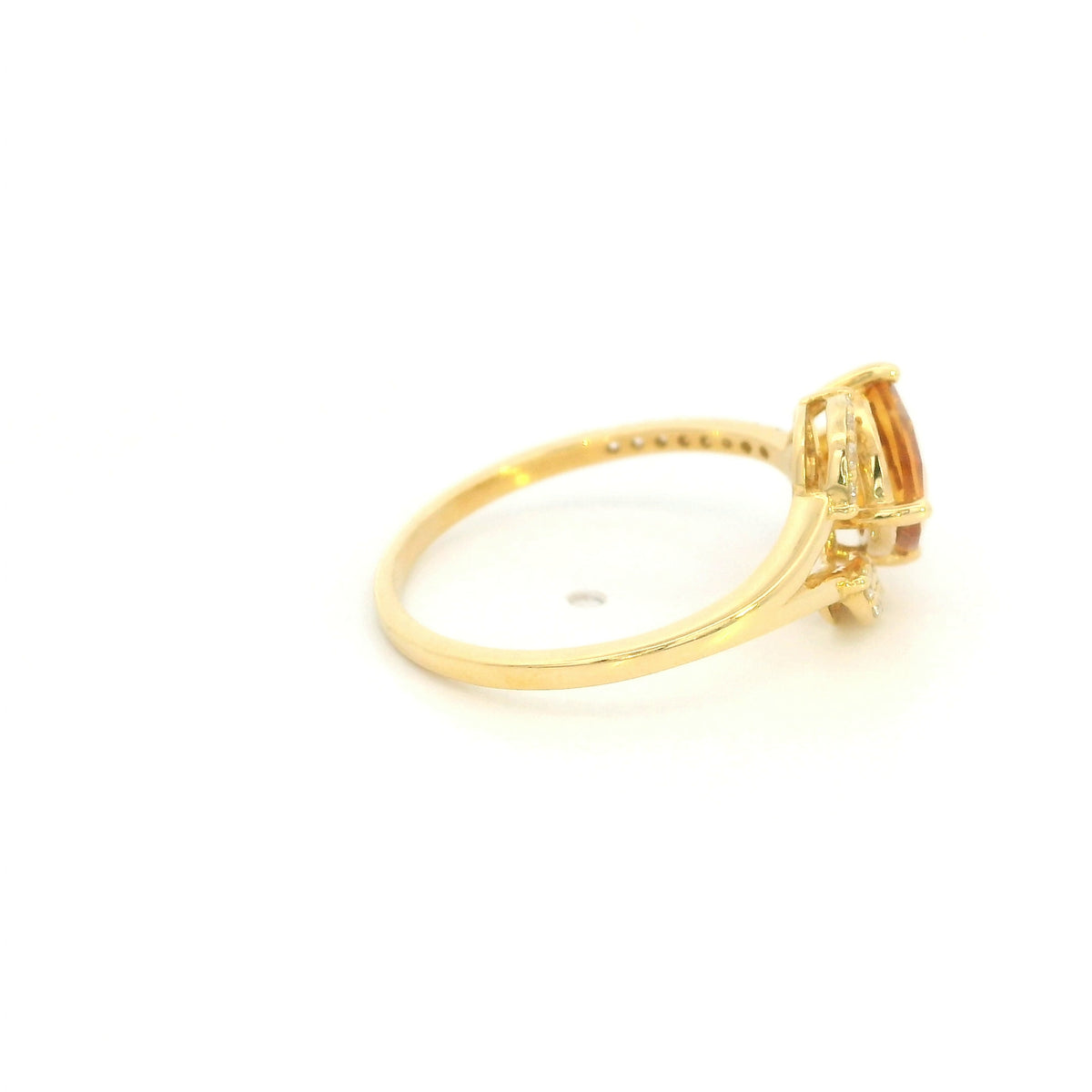 18K yellow gold cushion citrine diamond ring with leaf-inspired diamond accents and open split shoulder design