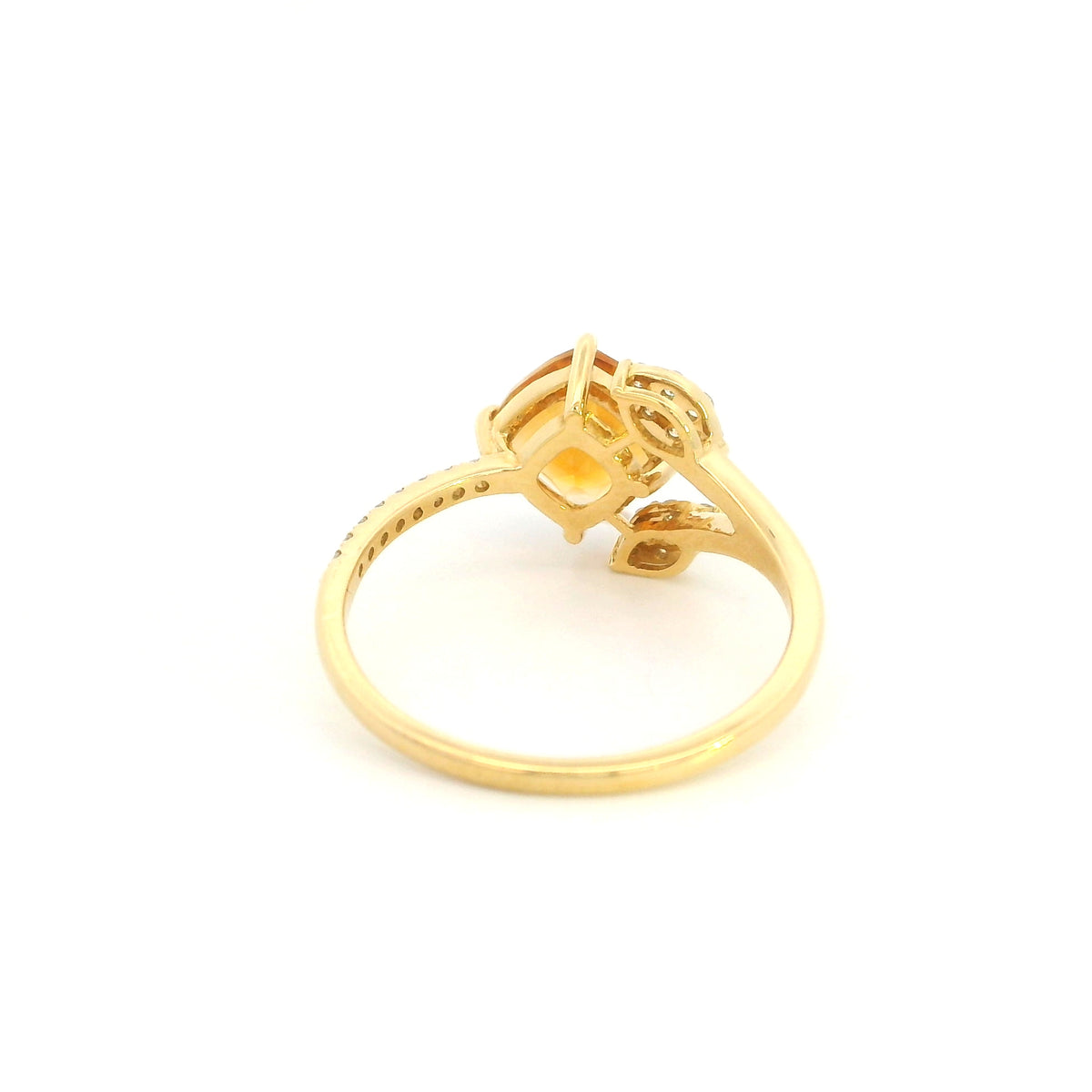 18K yellow gold cushion citrine diamond ring with leaf-inspired diamond accents and open split shoulder design
