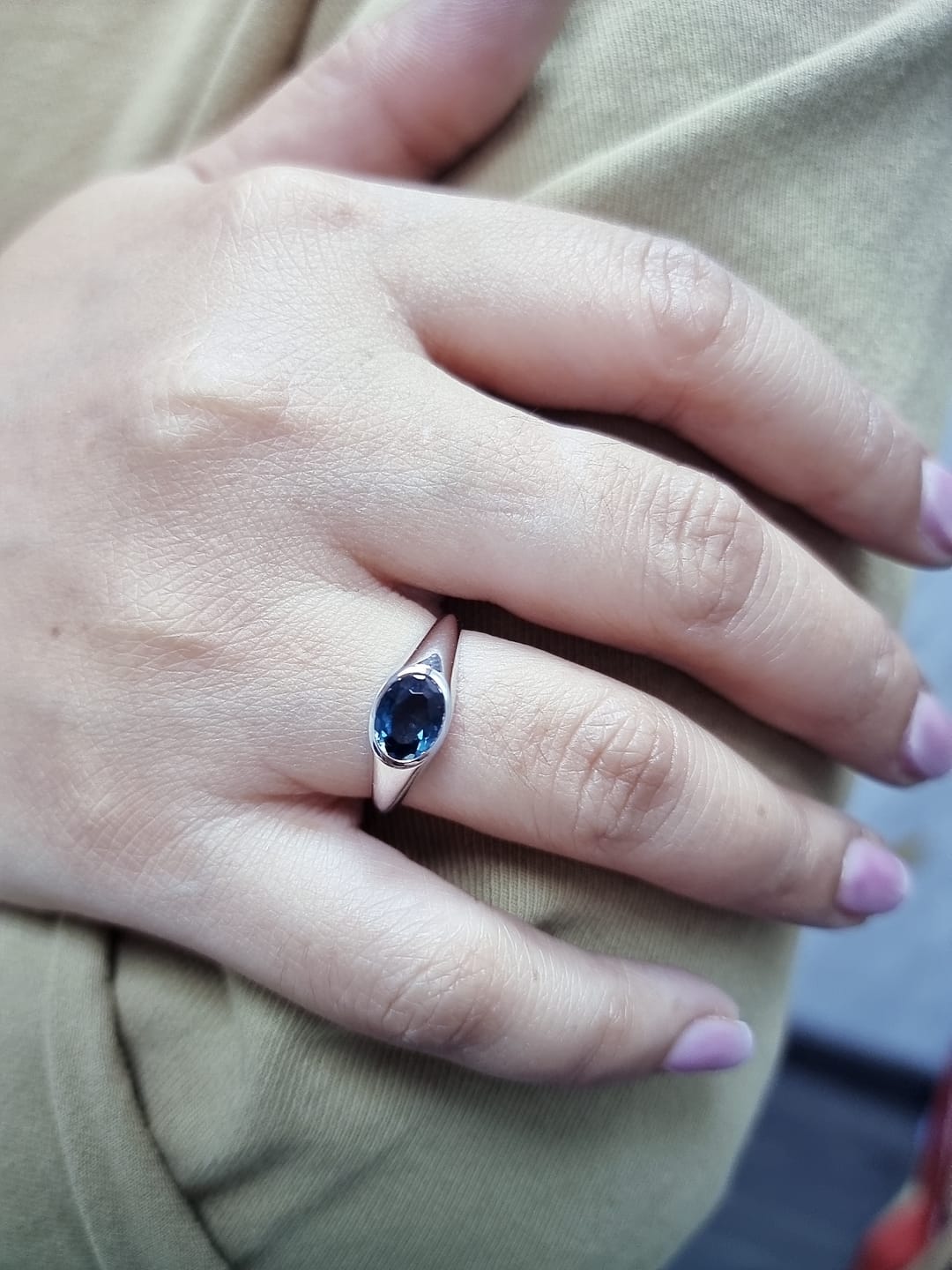 Unisex 18K gold London Blue Topaz bezel ring with minimalist tapered band