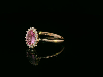 18K rose gold oval pink sapphire and diamond halo ring – fine jewelry by Emirates Diamonds.