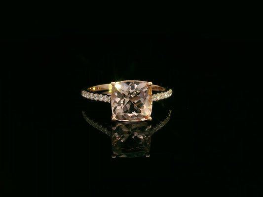 18K rose gold cushion-cut morganite and diamond ring – 2.30ct morganite fine jewelry by Emirates Diamonds.