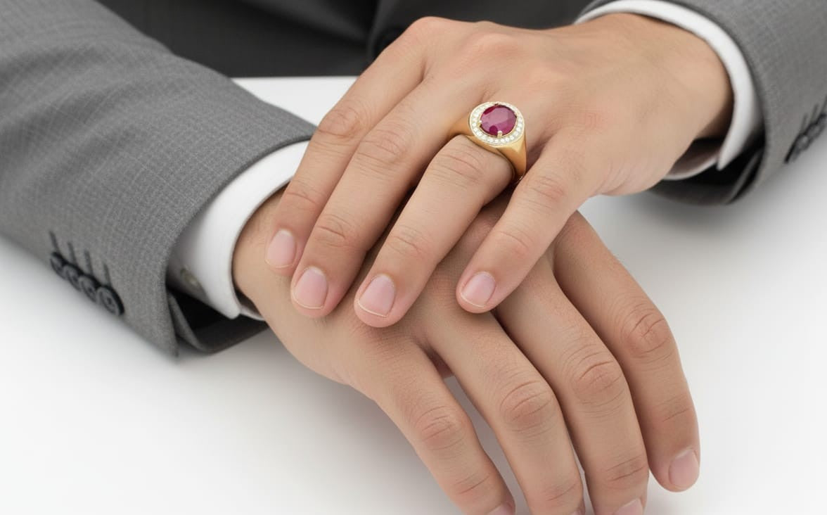 Men’s 18K yellow gold ring featuring 2.58 ct oval ruby with diamond halo and tapered band