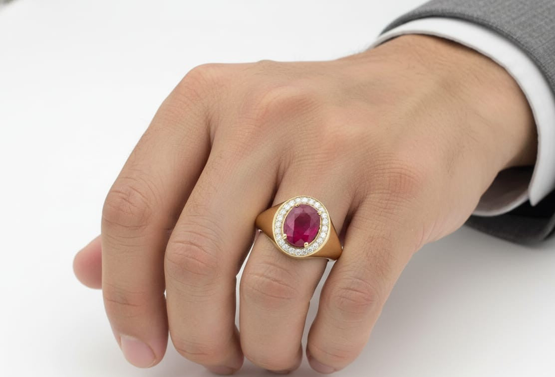 Men’s 18K yellow gold ring featuring 2.58 ct oval ruby with diamond halo and tapered band